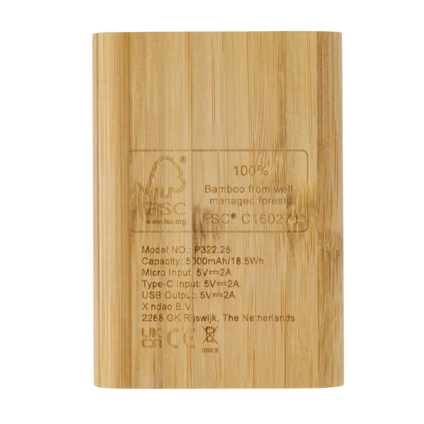  FSC® prijenosna baterija od bambusa, 5 000 mAh - XD Collection Smeđa