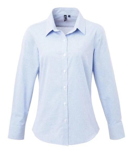  WOMEN'S LONG SLEEVE GINGHAM MICROCHECK SHIRT - Premier Light Blue White