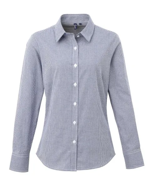  WOMEN'S LONG SLEEVE GINGHAM MICROCHECK SHIRT - Premier Navy White