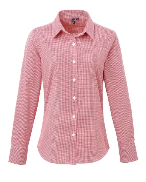  WOMEN'S LONG SLEEVE GINGHAM MICROCHECK SHIRT - Premier Strawberry Red White