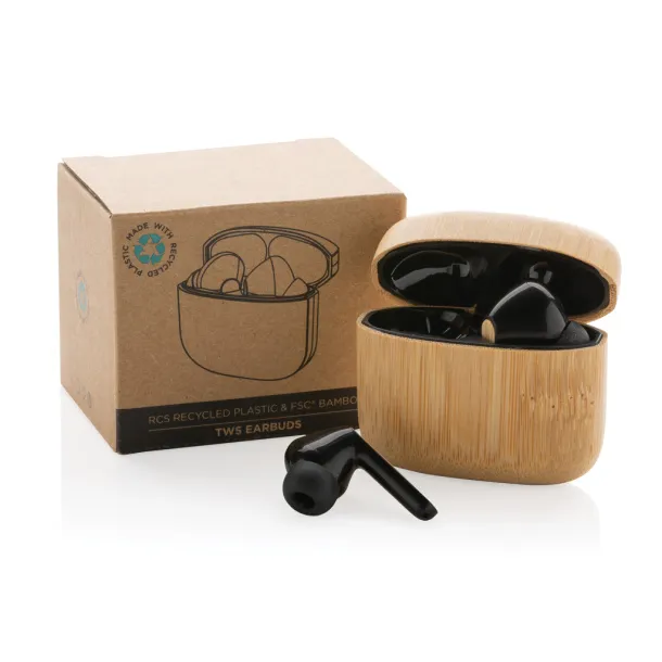  RCS recycled plastic & bamboo TWS earbuds - XD Collection Brown 