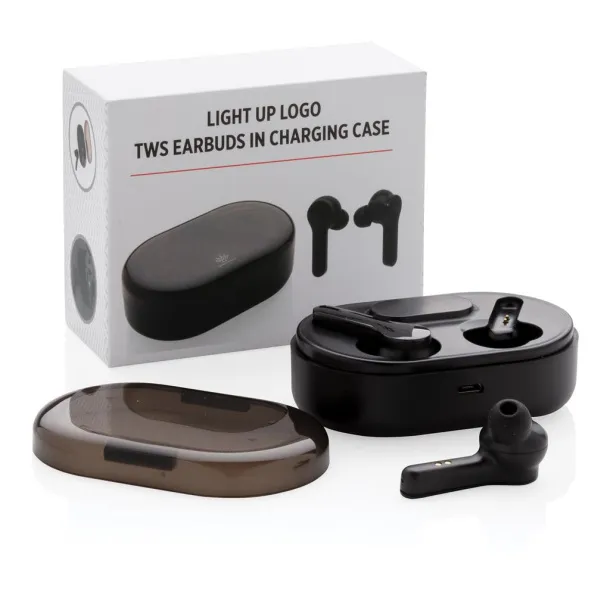  Light up logo TWS earbuds in charging case - XD Collection Black 