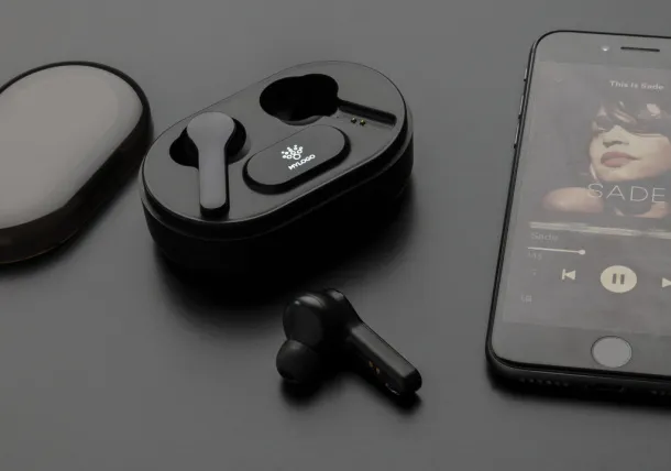  Light up logo TWS earbuds in charging case - XD Collection Black 