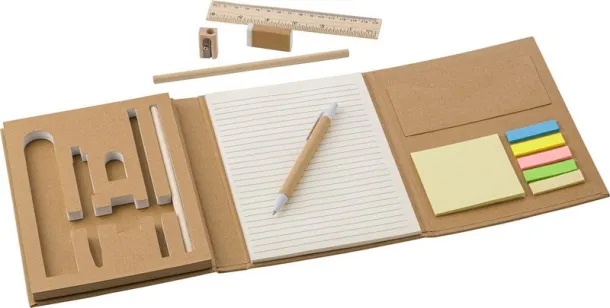  Conference folder, notebook, ruler, ball pen, pencils, pencil sharpener, eraser, sticky notes brown