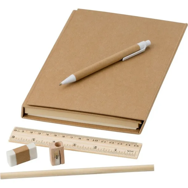  Conference folder, notebook, ruler, ball pen, pencils, pencil sharpener, eraser, sticky notes brown