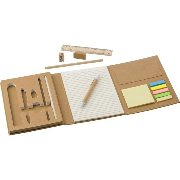  Conference folder, notebook, ruler, ball pen, pencils, pencil sharpener, eraser, sticky notes brown