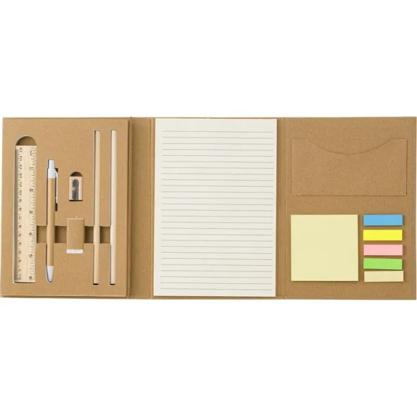  Conference folder, notebook, ruler, ball pen, pencils, pencil sharpener, eraser, sticky notes brown