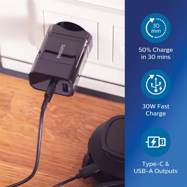  Philips 30W ultra fast PD travel charger - Philips Black 