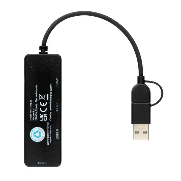  RCS recycled plastic USB hub with dual input, - XD Collection Black 