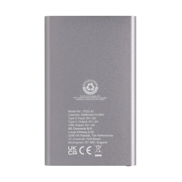  Prijenosna baterija od RCS reciklirane plastike/aluminija, 4 000 mAh - XD Collection Siva