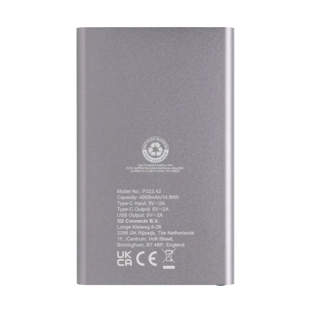  Prijenosna baterija od RCS reciklirane plastike/aluminija, 4 000 mAh - XD Collection Siva