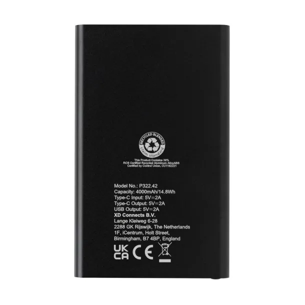  Prijenosna baterija od RCS reciklirane plastike/aluminija, 4 000 mAh - XD Collection Crna