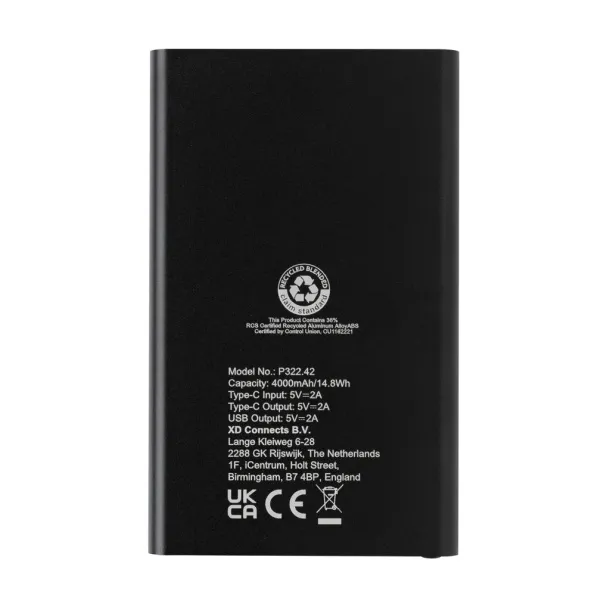  Prijenosna baterija od RCS reciklirane plastike/aluminija, 4 000 mAh - XD Collection Crna