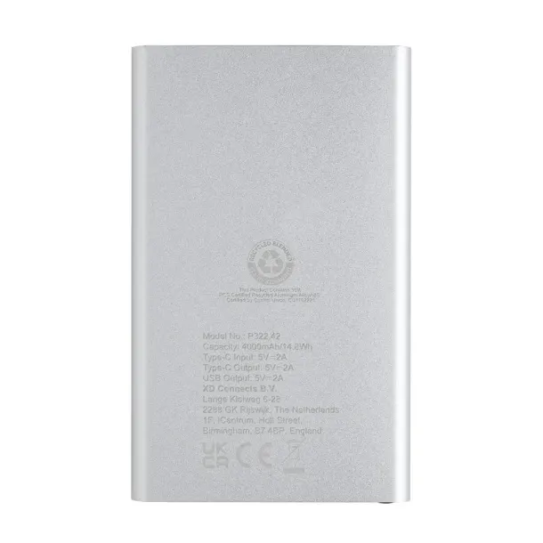  Prijenosna baterija od RCS reciklirane plastike/aluminija, 4 000 mAh - XD Collection Srebrna