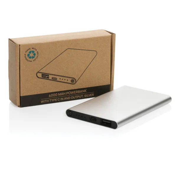  Prijenosna baterija od RCS reciklirane plastike/aluminija, 4 000 mAh - XD Collection Srebrna