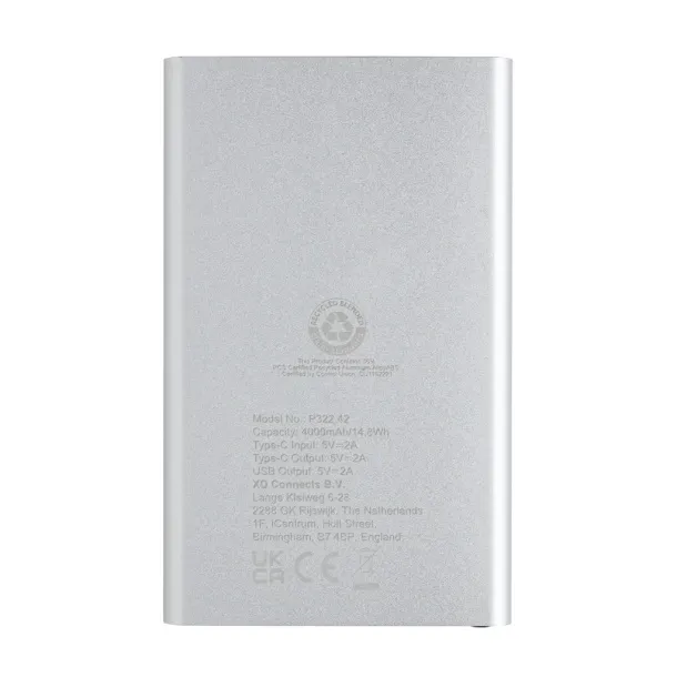  Prijenosna baterija od RCS reciklirane plastike/aluminija, 4 000 mAh - XD Collection Srebrna