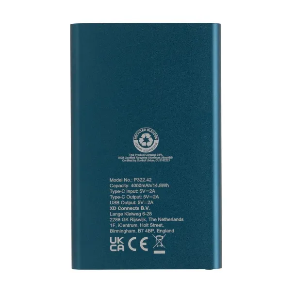  Prijenosna baterija od RCS reciklirane plastike/aluminija, 4 000 mAh - XD Collection Plava
