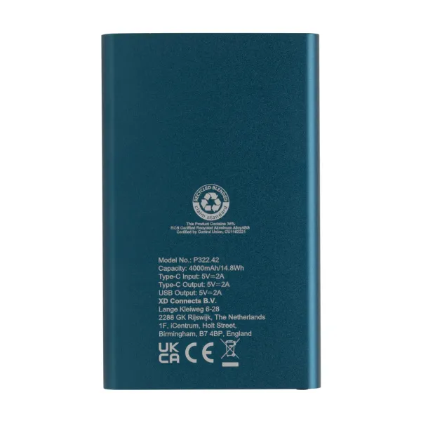  Prijenosna baterija od RCS reciklirane plastike/aluminija, 4 000 mAh - XD Collection Plava