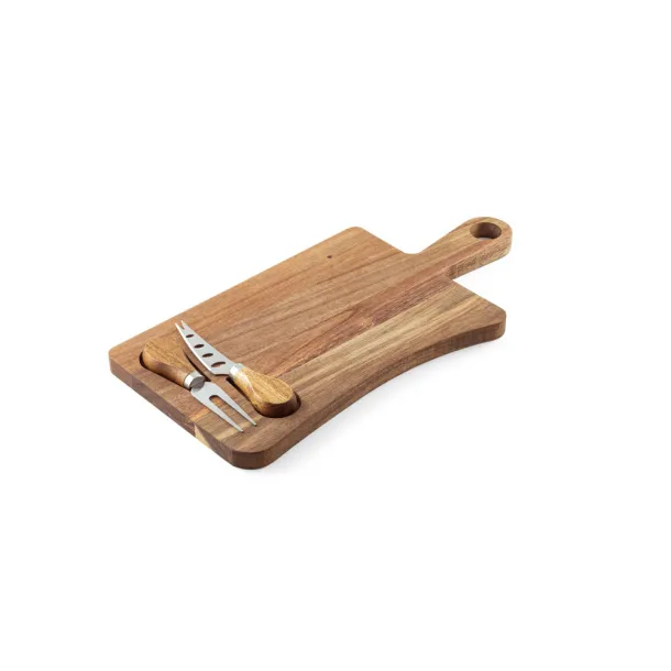 CASSIA Acacia wood cheese board with two utensils Dark natural