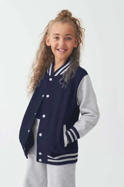  KIDS VARSITY JACKET - Just Hoods Sapphire Blue Heather Grey