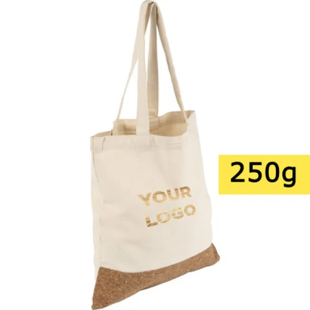  Cotton shopping bag with cork element, cotton 250 g/m2 beige