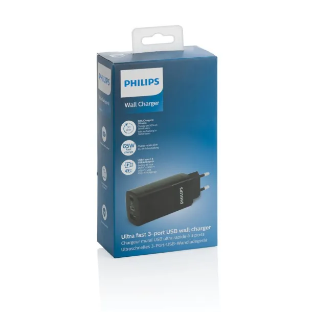  Ultra brzi USB zidni punjač s 3 ulaza Philips 65 W - Philips Crna 