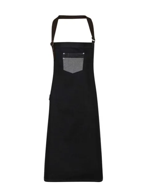  'DIVISION' WAXED LOOK DENIM BIB APRON WITH FAUX LEATHER - Premier Black Denim