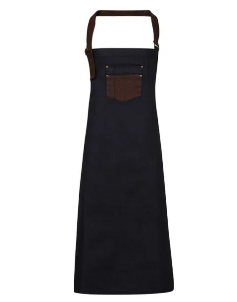  'DIVISION' WAXED LOOK DENIM BIB APRON WITH FAUX LEATHER - Premier Oxford Navy Brown Denim