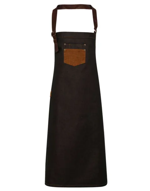  'DIVISION' WAXED LOOK DENIM BIB APRON WITH FAUX LEATHER - Premier Black Tan Denim