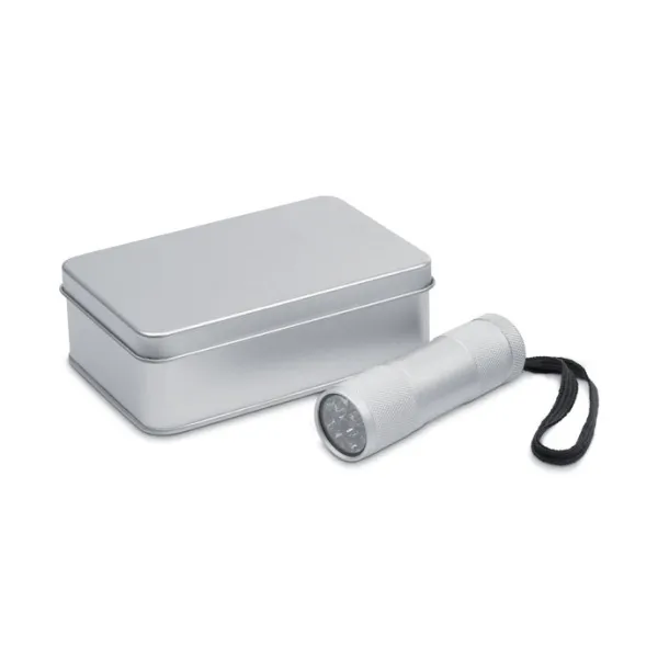 LED PLUS LED torch in tin box Matt Silver