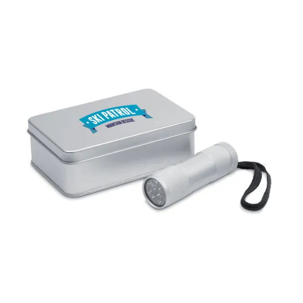 LED PLUS LED torch in tin box Matt Silver