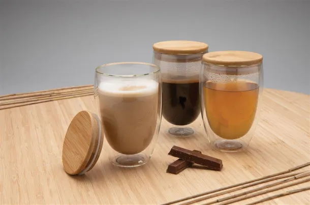  Double wall borosilicate glass with bamboo lid 350ml 2pc set - XD Collection Transparent 