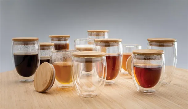  Double wall borosilicate glass with bamboo lid 350ml 2pc set - XD Collection Transparent 