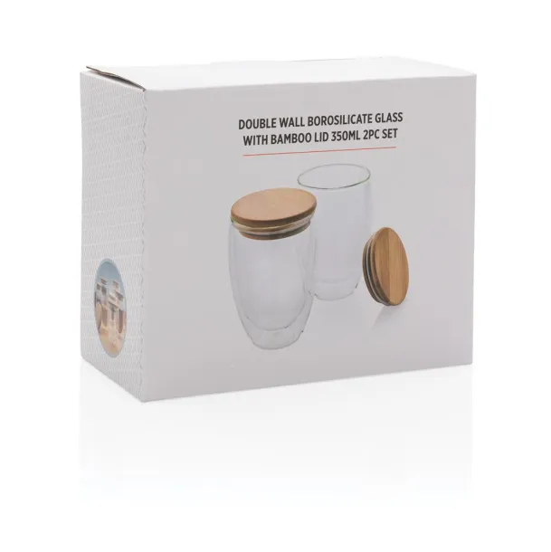  Double wall borosilicate glass with bamboo lid 350ml 2pc set - XD Collection Transparent 