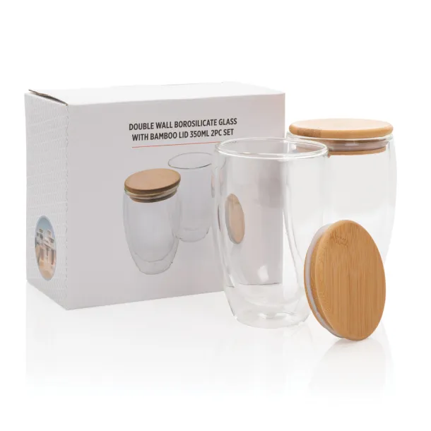  Double wall borosilicate glass with bamboo lid 350ml 2pc set - XD Collection Transparent 