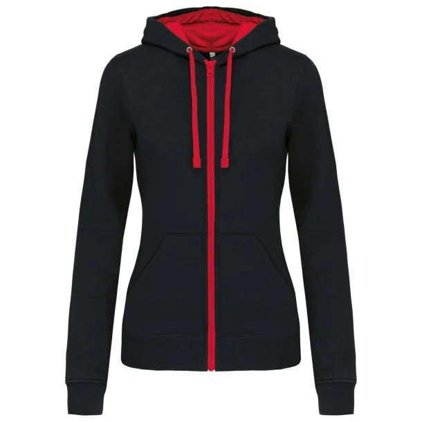  LADIES’ CONTRAST HOODED FULL ZIP SWEATSHIRT - Kariban Black Red