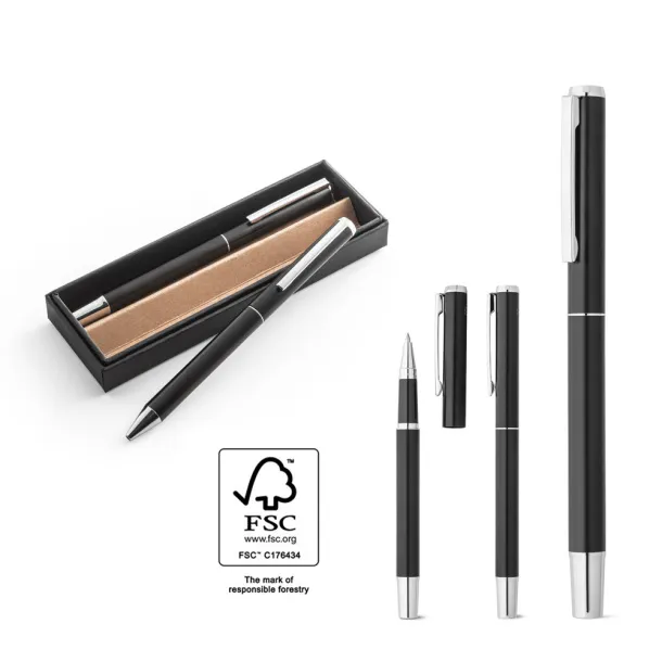 LEAH Roller and ballpoint pen set in recycled aluminium (53% and 94% recycled, respectively) with clip