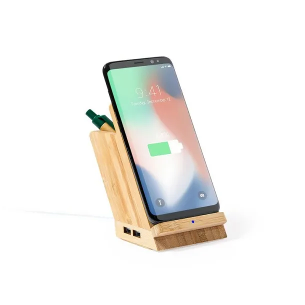  Bamboo wireless charger 5W, 4 USB hub 2.0, pen holder, phone stand light brown