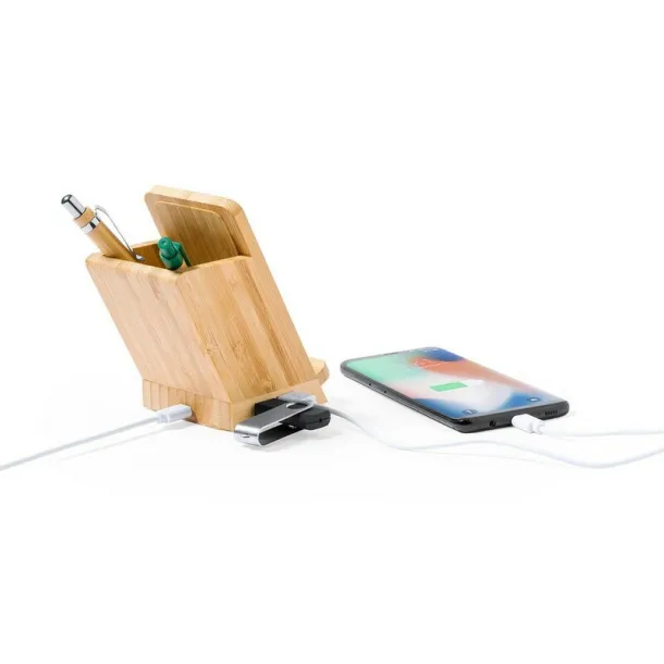  Bamboo wireless charger 5W, 4 USB hub 2.0, pen holder, phone stand light brown