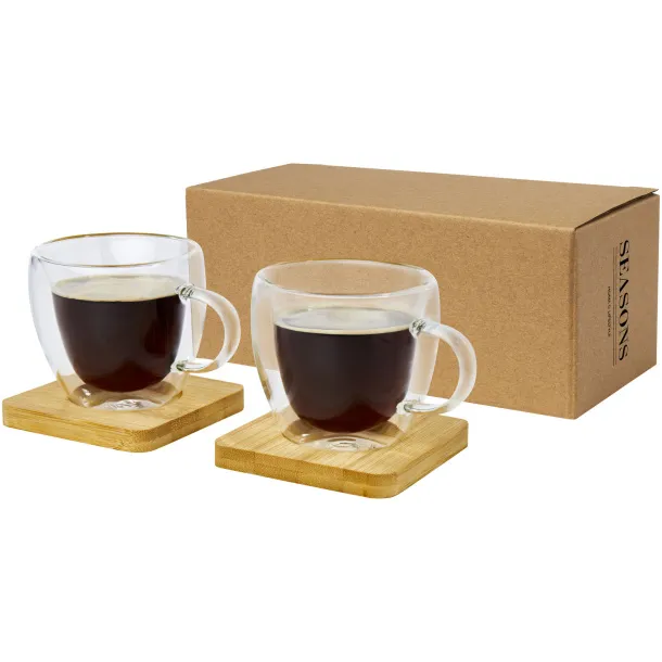 Manti 2-piece 100 ml double-wall glass cup with bamboo coaster - Seasons White Natural