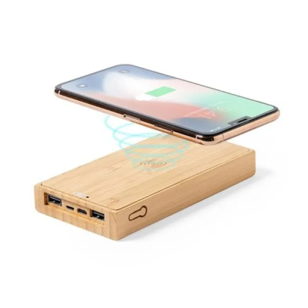  Bamboo power bank 10000 mAh, wireless charger 5W, solar charger brown