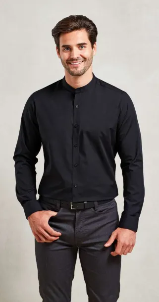  BANDED COLLAR 'GRANDAD' LONG SLEEVE SHIRT - Premier Black