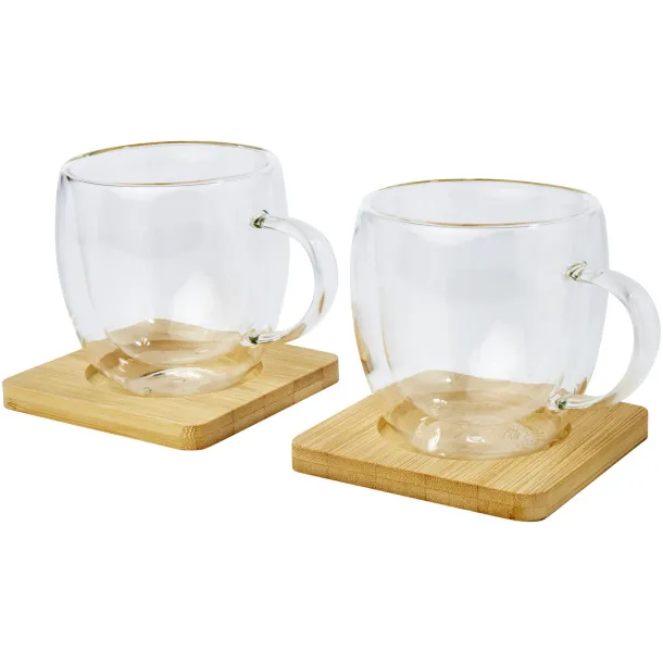 Manti 2-piece 250 ml double-wall glass cup with bamboo coaster - Seasons White Natural