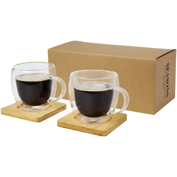 Manti 2-piece 250 ml double-wall glass cup with bamboo coaster - Seasons White Natural