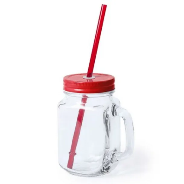  Drinking jar 500 ml with straw red