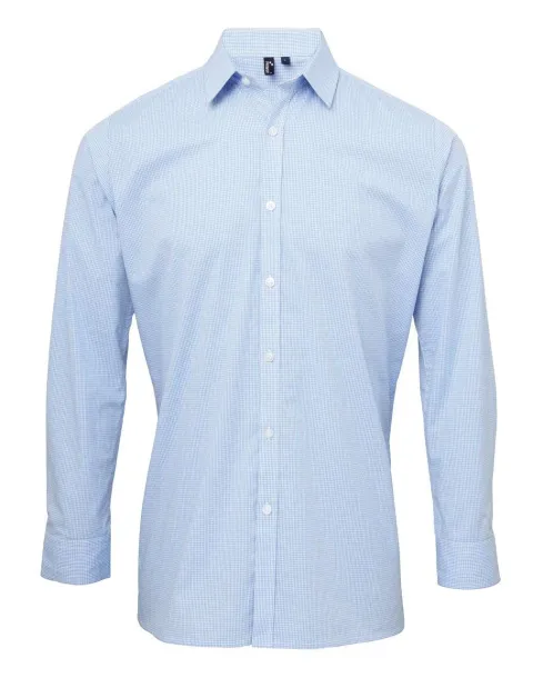  MEN'S LONG SLEEVE GINGHAM COTTON MICROCHECK SHIRT - Premier Light Blue White