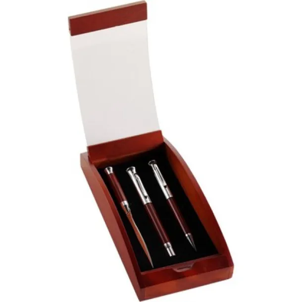  Writing set, ball pen, fountain pen and letter opener wood