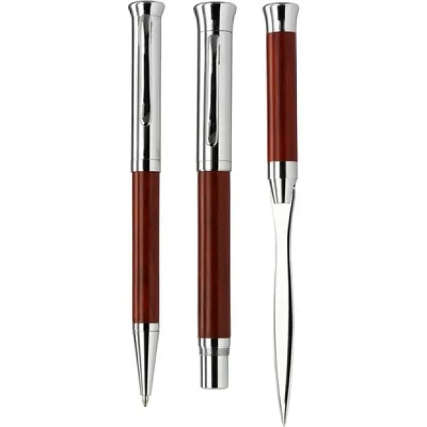  Writing set, ball pen, fountain pen and letter opener wood