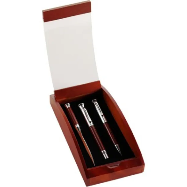  Writing set, ball pen, fountain pen and letter opener wood