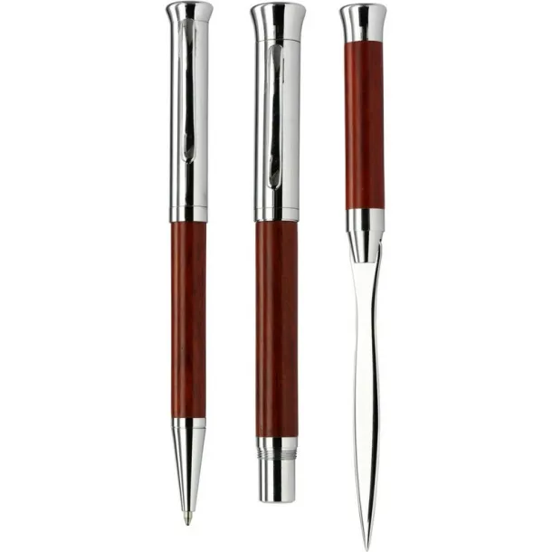  Writing set, ball pen, fountain pen and letter opener wood